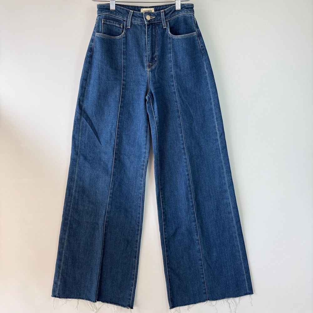 L'AGENCE Sandy Wide Leg Jeans Womens 25 Blue Durango Hi Rise Raw Hem Seam Front
